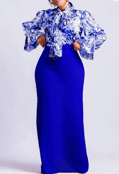 long sleeve flower top and blue long skirt