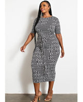 plus size sleeve midi dress with belt